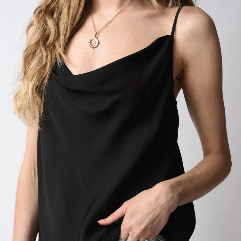Frame Denim Black Satin Cowl-Neck Camisole with Spaghetti Straps